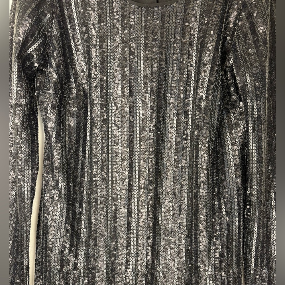 Dress The Population Black Sequin Long Sleeve Mini Shift Dress Striped‎ M 0403 - Picture 2 of 8